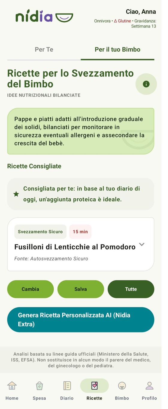 Ricette per lo svezzamento del bimbo, tab Per Te e Per il tuo Bimbo