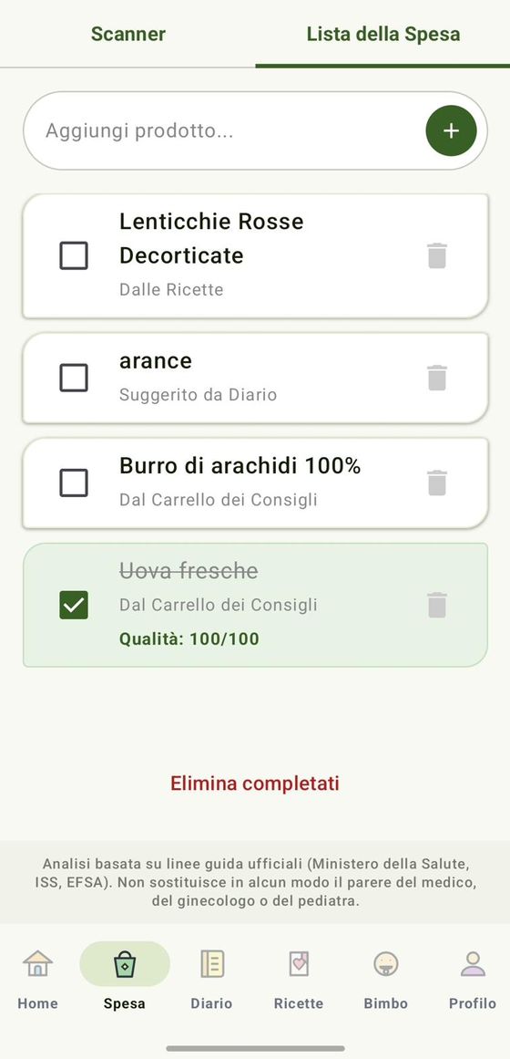 Lista della spesa con prodotti da ricette, diario e carrello consigli